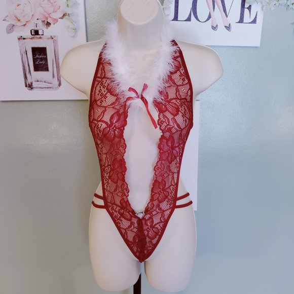 Avidlove Women's Lingerie Red Halter V Neck Lace Teddy - Picture 2 of 8